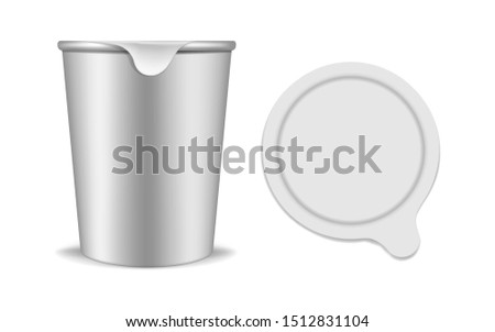Plastic yogurt container with peel off lid, realistic vector mockup. Yoghurt packaging cup with foil cover, template. Food product blank white package, mock-up.