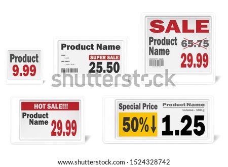 Electronic shelf label set, realistic vector mockup. Different-sized white e-paper displays for retail store price tags, template. Information monitor screen, mock-up.