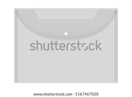 Transparent empty plastic envelope folder with snap button closure, realistic vector mockup. Clear file case, template.