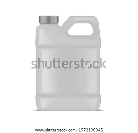 Blank plastic canister with handle isolated on white background, realistic illustration. Jerrycan for liquid product packaging, vector mockup.