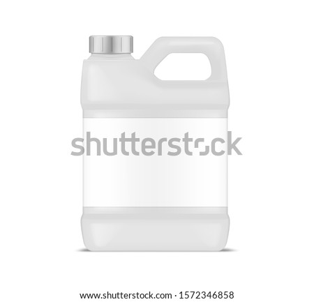 White plastic canister with blank label, vector mockup. Jug container with handle and screw cap, mockup. Large bottle package, template for design.
