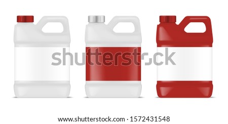 Plastic canister with blank label set. Large bottle container with handle and screw cap. Industrial packaging for chemicals, cleaners, detergents and other liquid products. Vector template.