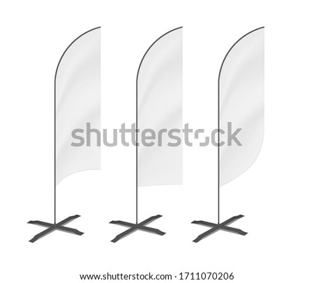 White blank feather flag, vector mockup set. Vertical banner stand, mock-up. Template for design.