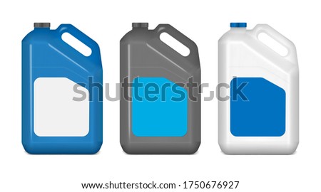 Plastic canister with white blank label, mockup. Jerry can, mock-up. Blue, black, white colors. Large bottle with handle and screw cap. Vector template.