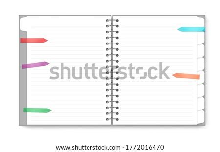 Open blank spiral tabbed notebook with transparent colored sticky bookmarks isolated on white background, vector illustration.