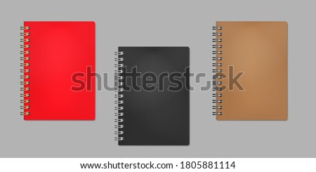 Closed wire bound notebook, realistic vector mock-up. Golden, silver, black metal spiral. Red, black, brown plastic cover. Color mockup set. Easy to recolor. Foto d'archivio © 