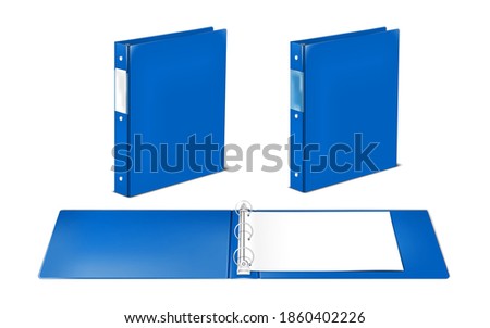 Blue plastic three ring binder file folder with label pocket - open and closed. Vector template for design. Easy to recolor.