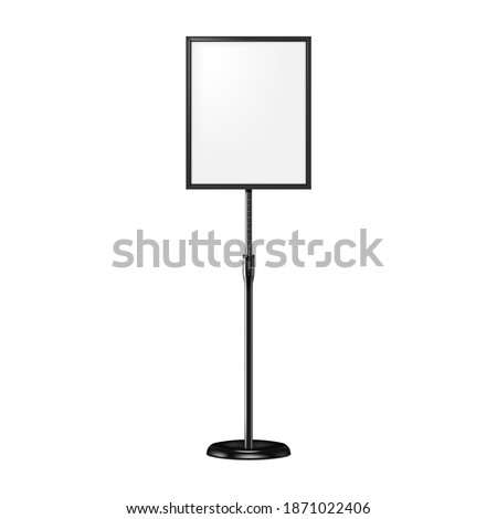 Poster sign stand. Floor standing display with round base isolated on white background. Realistic vector mockup. Adjustable pedestal with blank board, mock-up. Template for design. Foto stock © 