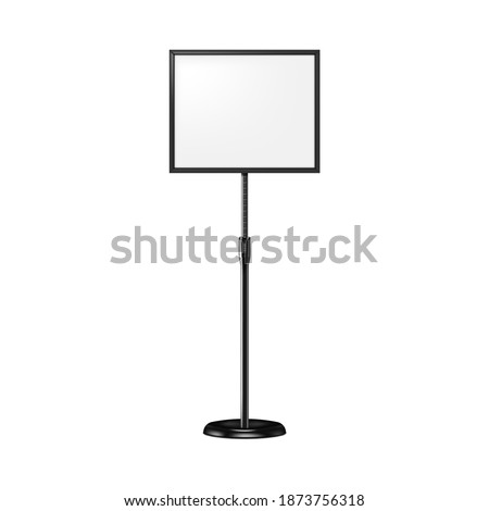 Poster sign stand. Floor standing display isolated on white background. Realistic vector mockup. Adjustable pedestal with blank board, mock-up. Template for design.
