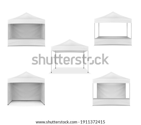 Pop-up gazebo, realistic mockup. White blank canopy tent, mock-up. Event marquee, template. Exhibition outdoor show pavilion. Vector set for design.