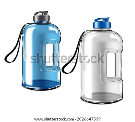 Large clear plastic water bottle with lid and carry handle isolated on white background, realistic vector mock-up. Reusable gallon water jug with cap, mockup. Template for design. Easy to recolor