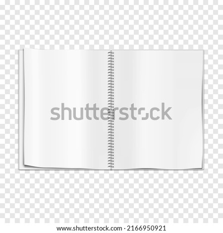 Open wire bound notebook realistic vector mockup. Metal spiral notepad spread template. White blank diary pages mock-up