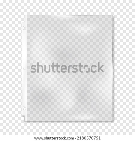 Clear plastic three hole punched paper sheet protector for 3 ring binder on transparent background realistic vector mock-up. Top-load document pocket mockup