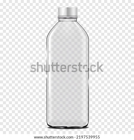Clear empty glass bottle with white plastic screw cap on transparent background realistic vector mockup. Liquid product packaging mock-up