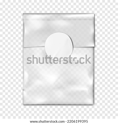 Clear plastic pouch with round label sticker closure on transparent background realistic vector mock-up. Empty vinyl bag mockup