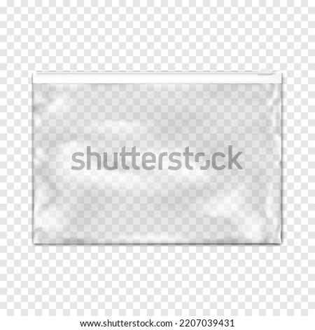 Clear plastic envelope bag with white zip lock on transparent background realistic vector mockup. Empty zipper PVC vinyl package mock-up