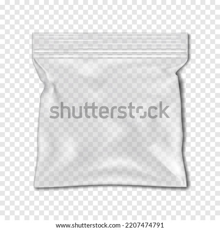 Clear square resealable plastic bag with zip lock on transparent background realistic vector mock-up. Empty zipper PVC vinyl package mockup