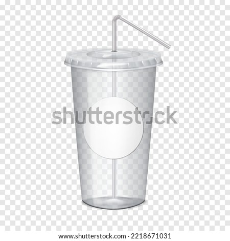 Clear empty plastic cup with flat lid, bendy drinking straw and white blank round label sticker on transparent background realistic vector mock-up. Takeaway drink mug mockup. Template for design