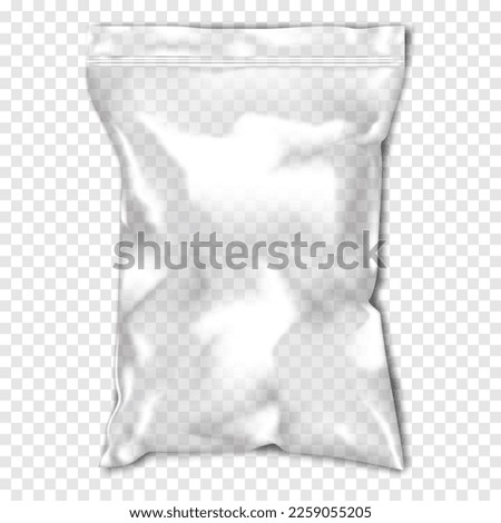 Clear glossy resealable plastic bag with zip lock on transparent background realistic vector mock-up. Empty blank zipper PVC vinyl package mockup. Template for design