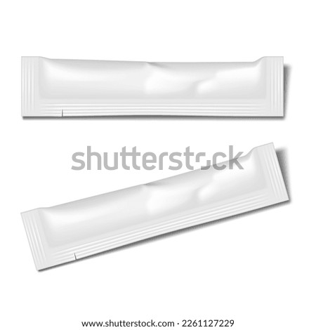 Sugar stick sachet packet with tear notches vector mock-up. White blank individual package for food or medical products realistic mockup. Template for design