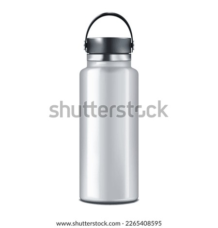 Blank insulated water bottle isolated on white background realistic vector mockup. Stainless steel shiny metal sport flask mock-up. Template for design