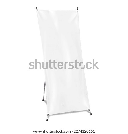 X-banner stand vector mockup. Blank white collapsible advertising sign realistic mock-up. Template for design