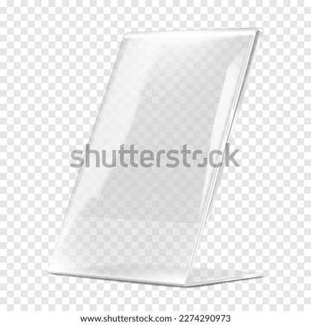 Plexi stand vector mockup. Clear acrylic table information display on transparent background. Plastic L-shaped poster holder realistic mock-up. Template for design