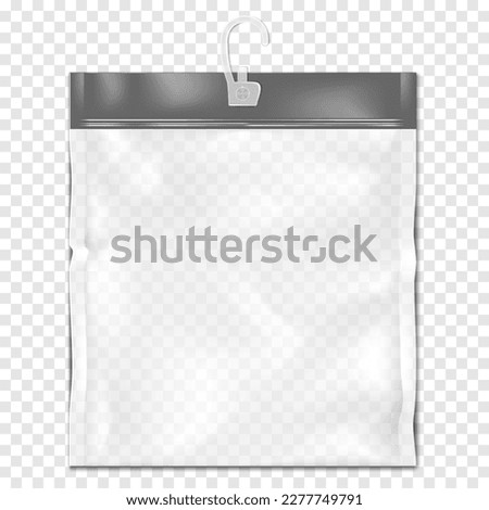 Clear square resealable PVC bag with zip lock and plastic hanging hook on transparent background realistic vector mock-up. Empty zipper vinyl package mockup. Template for design
