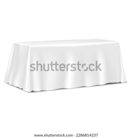 Table covered with blank tablecloth isolated on white background realistic vector mockup. Template for design