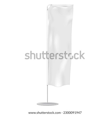 White blank wind dancer flag realistic vector mockup. Rectangular advertising banner with metal pole and base mock-up. Vertical event windflag template for design