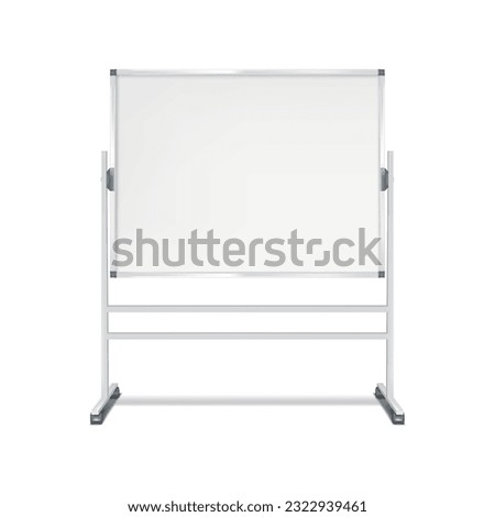 Blank whiteboard on wheeled stand vector mockup. Revolving flipchart magnetic white board with wheels realistic mock-up.  Template for design