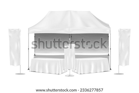 Pop-up gazebo canopy tent with table and event flags vector mockup. Exhibition promotional mock-up set. Blank white template for business branding design