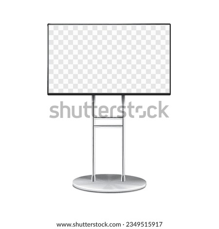 Digital video banner with transparent screen vector mock-up. Promotional LCD display stand realistic mockup. Monitor kiosk on metal frame base. Template for design
