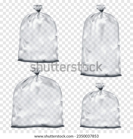 Empty clear tied plastic bag on transparent background. Different sizes vector mockup set. Packaging pouch, package, trash liner mock-up