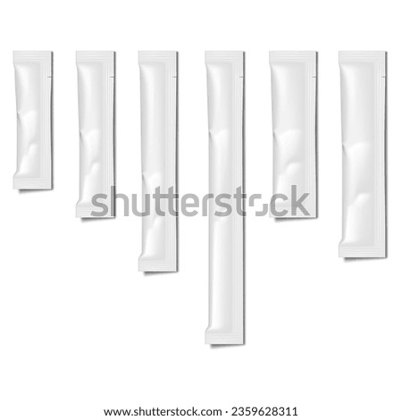 Sugar stick sachet packet with tear notches vector mock-up set. White blank individual package for powder, granule or liquid products. Various sizes mockup kit. Template for design