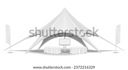 Exhibition mock-up set. Star canopy tent, tables covered with tablecloths, blade wind flags, digital display stand. Blank white template for promotional design