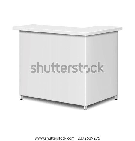 Blank white portable right angle corner exhibition counter with metal legs. Realistic vector mockup. Promotional table display stand mock-up. Template for design