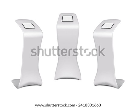 Exhibition tablet podium stand with transparent screen mockup. Blank digital display vector mock-up. Template for design