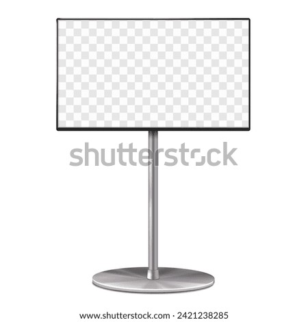 Trade show pop video TV stand front view vector mock-up. Tradeshow exhibition LCD monitor display mockup. Television set on metal frame base. Template for design