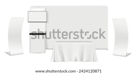 Trade show booth display kit. Expo set mockup. Tradeshow backdrop banner, pop LCD monitor TV video counter stand, exhibition table with tablecloth, snake banners. Vector mock-up