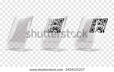 Plexi stand vector mock-up. Transparent L-shaped QR code holder mockup. Clear acrylic countertop information display template