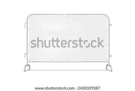 Metal interlocking barricade fence with white blank grommet banner streamer realistic vector mock-up. Steel grid barrier with stretched graphic panel mockup