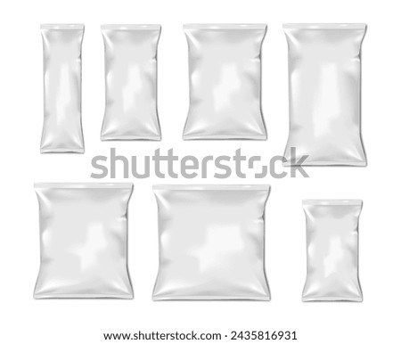 White blank pillow bag. Vector mock-up set. Pouch package mockup. Realistic food snack pack. Template for design