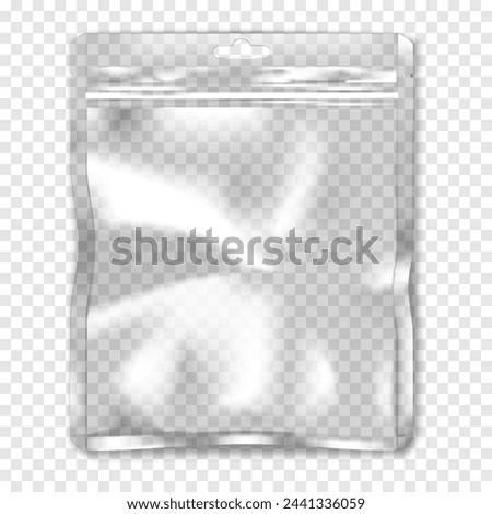 Clear square zipper vinyl pouch with euro slot hanger and tear notches on transparent background vector mockup. Blank plastic bag package with zip lock mock-up. Template for design