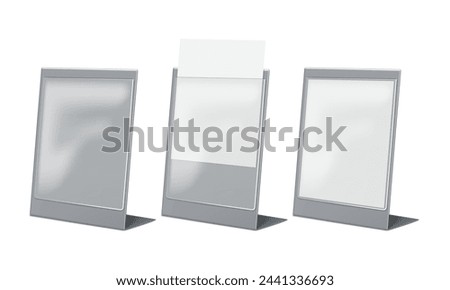 L-shaped clear acrylic sign pocket vector mock-up. Table tent mockup. Countertop pop information display stand template