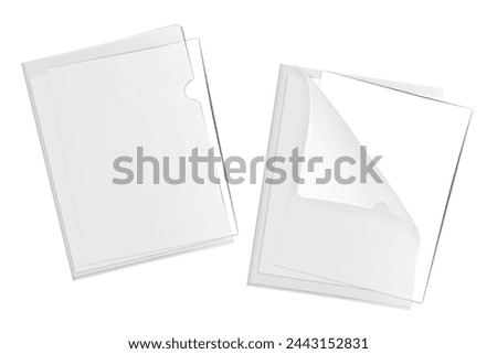 Clear plastic L-shape file folder with white blank paper sheets inside. Realistic mockup. PVC corner document sleeve holder cover. Vector mock-up
