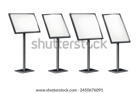 Metal frame poster sign holder stand isolated on white background. Vector mockup set. Floor base placard display. Mock-up kit. Pedestal blank banner board. Template for design