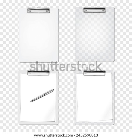 Clipboard mockup. Clear and opaque plastic. PVC clip board. Empty, with blank white paper sheets and ballpoint pen. Realistic vector mock-up set