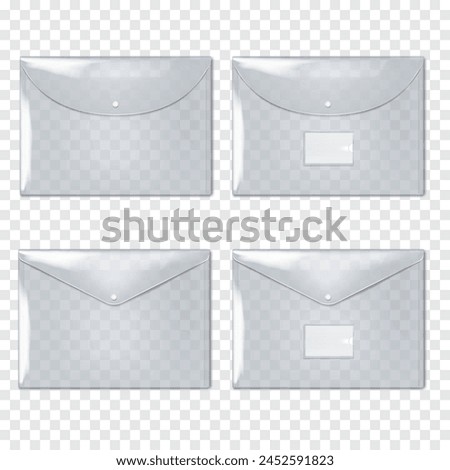 Clear plastic envelope folder with snap button closure. Vector mock-up set. Transparent PVC file holder, document case poly bag. Mockup kit