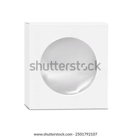 White thin square paper box with clear plastic round window and tuck-in flap. Realistic 3d vector mock-up. Flat pack isolated cardboard box. Mockup. Empty carton packaging. Template for design